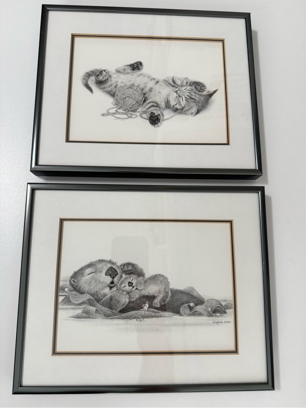 Set of Two Virginia Miller Charcoal Art Prints Framed Kitten @ Otters